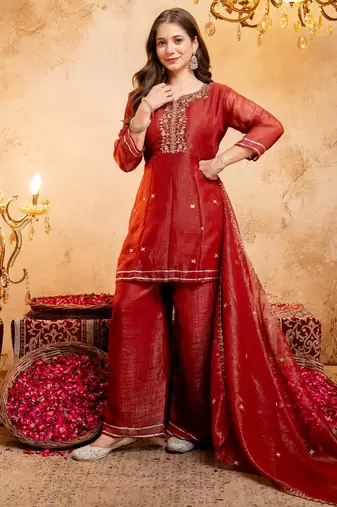  Embroidery Work Crunchy Straight Kurta Palazzo and Dupatta Set