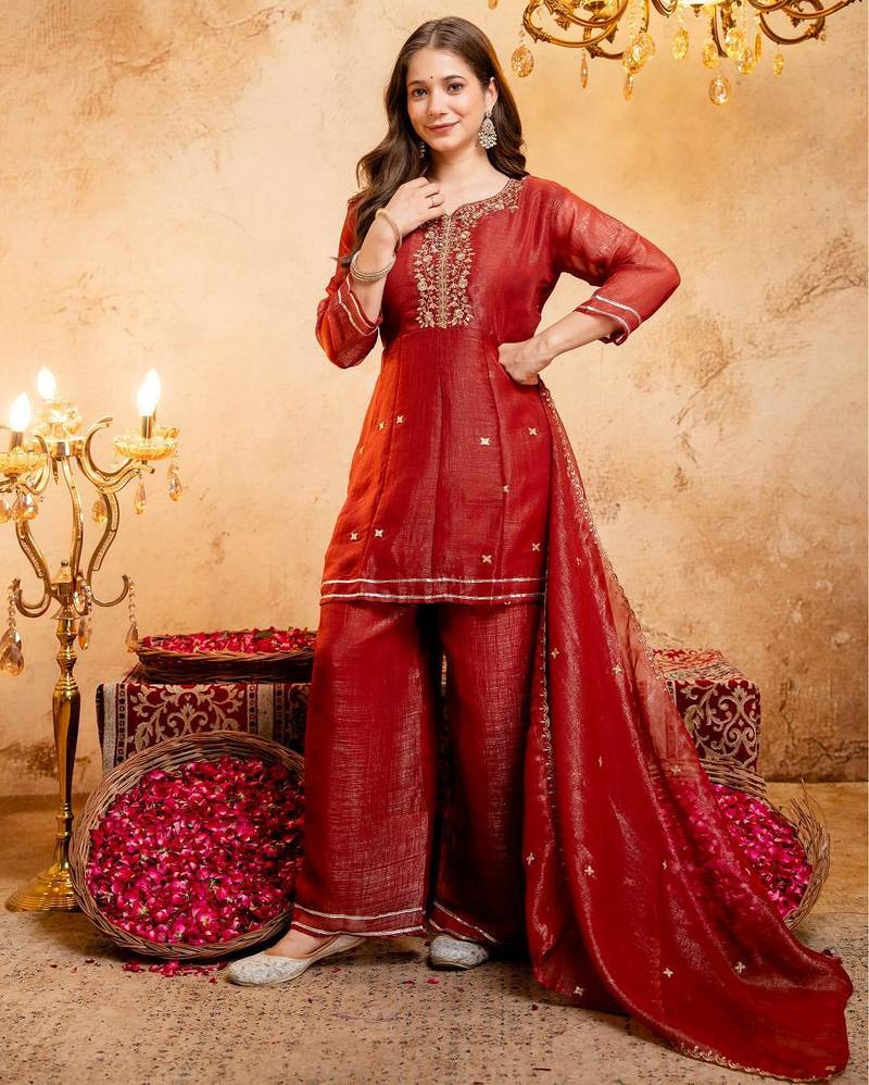  Embroidery Work Crunchy Straight Kurta Palazzo and Dupatta Set