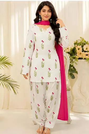 Women's Floral Printed Cotton Short Kurti with Patiala Salwar and Dupatta Set