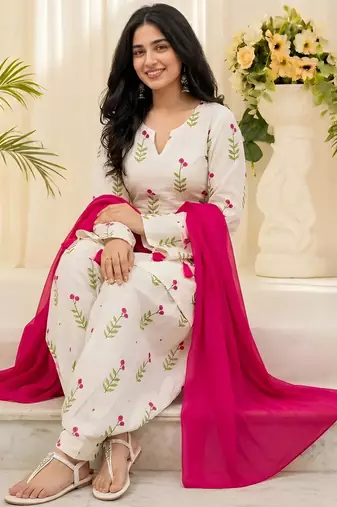 Women's Floral Printed Cotton Short Kurti with Patiala Salwar and Dupatta Set