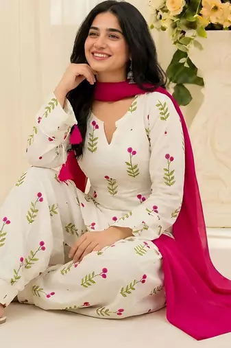 Women's Floral Printed Cotton Short Kurti with Patiala Salwar and Dupatta Set