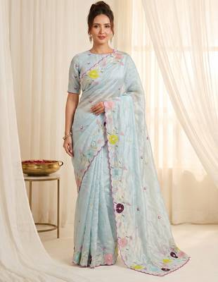 Women's sky blue embroidery tissue designer saree with blouse 1