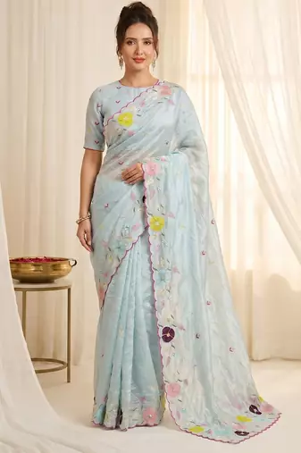 Women's sky blue embroidery tissue designer saree with blouse