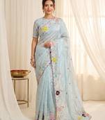Women's sky blue embroidery tissue designer saree with blouse