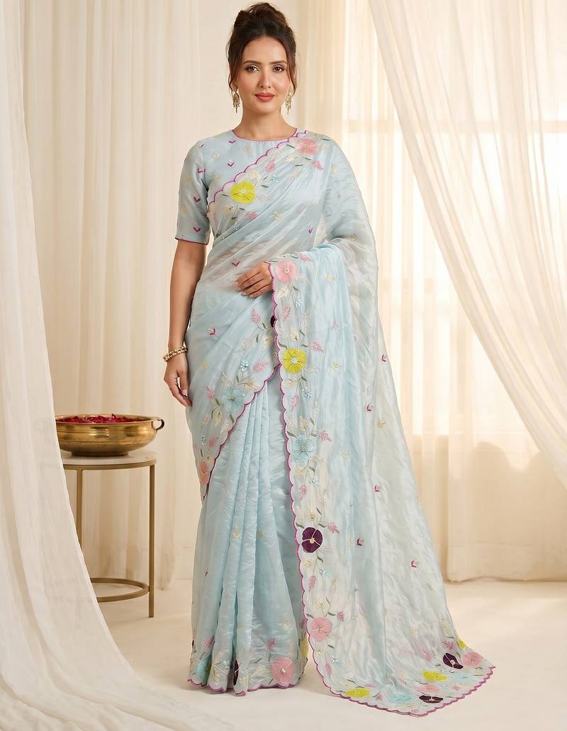 Women's sky blue embroidery tissue designer saree with blouse