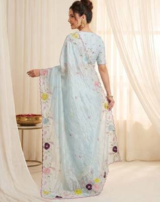 Women's sky blue embroidery tissue designer saree with blouse 2