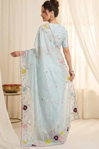 Women's sky blue embroidery tissue designer saree with blouse