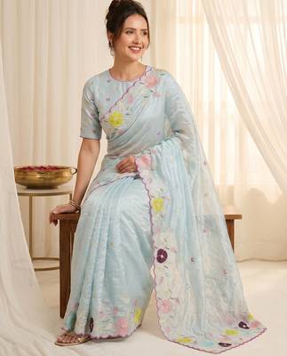 Women's sky blue embroidery tissue designer saree with blouse 3