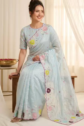 Women's sky blue embroidery tissue designer saree with blouse