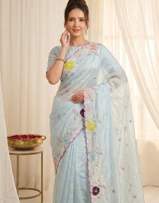 Women's sky blue embroidery tissue designer saree with blouse 4