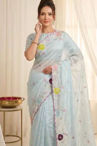 Women's sky blue embroidery tissue designer saree with blouse