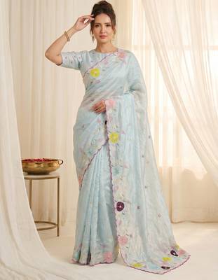 Women's sky blue embroidery tissue designer saree with blouse 5