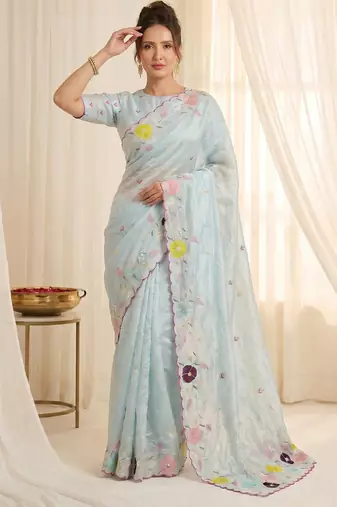 Women's sky blue embroidery tissue designer saree with blouse