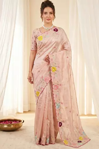 Women's peach embroidery tissue designer saree with blouse