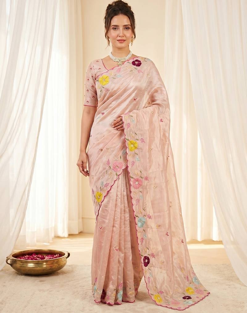 Women's peach embroidery tissue designer saree with blouse