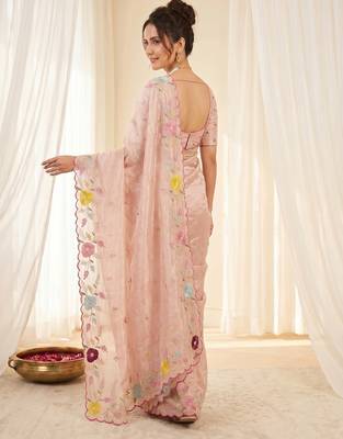 Women's peach embroidery tissue designer saree with blouse 2