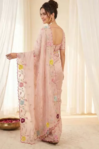 Women's peach embroidery tissue designer saree with blouse