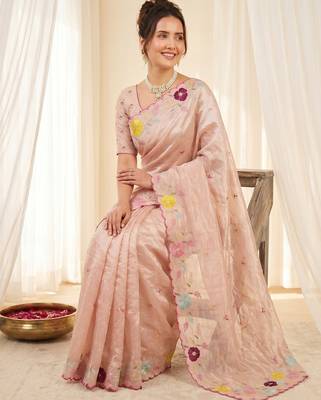 Women's peach embroidery tissue designer saree with blouse 3