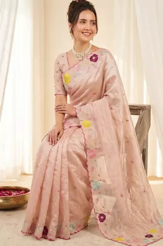 Women's peach embroidery tissue designer saree with blouse