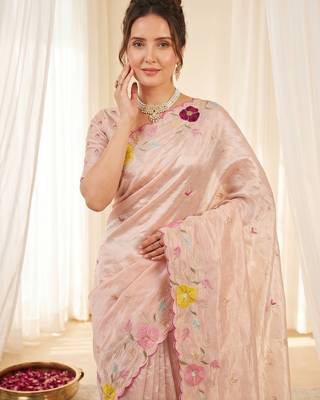 Women's peach embroidery tissue designer saree with blouse 4