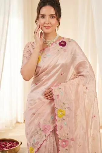 Women's peach embroidery tissue designer saree with blouse