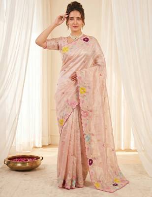 Women's peach embroidery tissue designer saree with blouse 5