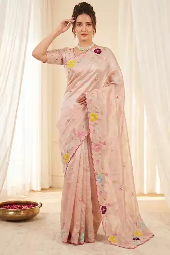Women's peach embroidery tissue designer saree with blouse