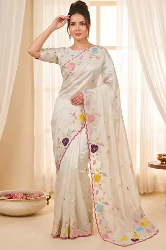 Women's cream embroidery tissue designer saree with blouse