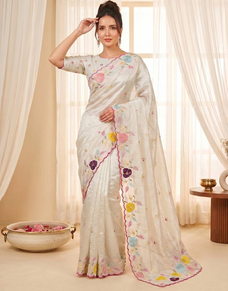 Women's cream embroidery tissue designer saree with blouse