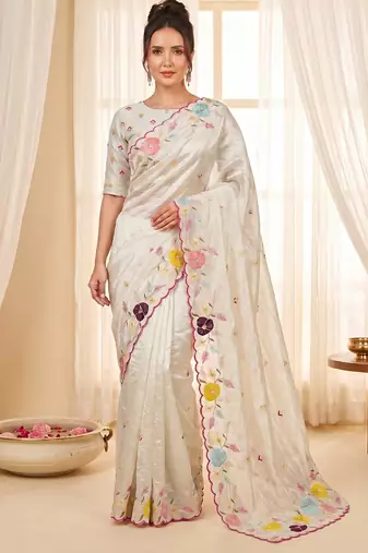 Women's cream embroidery tissue designer saree with blouse