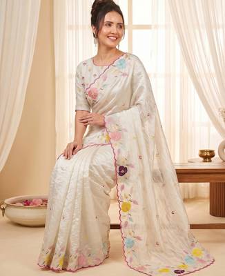 Women's cream embroidery tissue designer saree with blouse 3