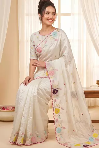 Women's cream embroidery tissue designer saree with blouse