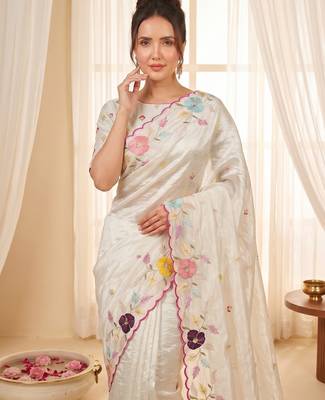 Women's cream embroidery tissue designer saree with blouse 4