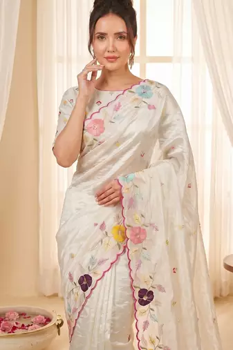 Women's cream embroidery tissue designer saree with blouse