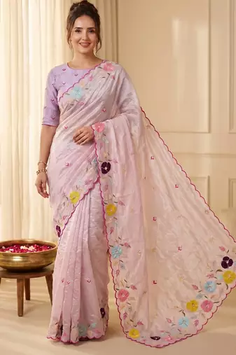Women's baby pink embroidery tissue designer saree with blouse