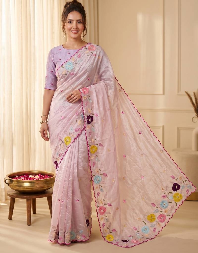 Women's baby pink embroidery tissue designer saree with blouse