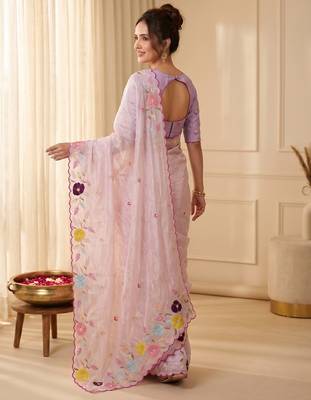 Women's baby pink embroidery tissue designer saree with blouse 2