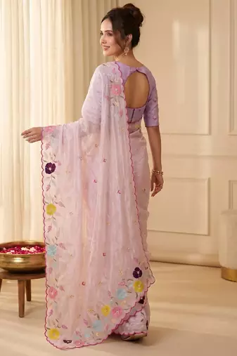 Women's baby pink embroidery tissue designer saree with blouse