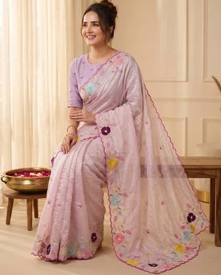 Women's baby pink embroidery tissue designer saree with blouse 3