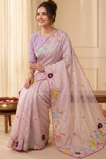 Women's baby pink embroidery tissue designer saree with blouse