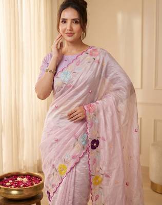Women's baby pink embroidery tissue designer saree with blouse 4