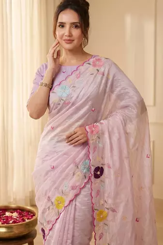 Women's baby pink embroidery tissue designer saree with blouse