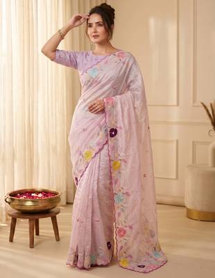 Women's baby pink embroidery tissue designer saree with blouse 5
