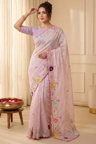 Women's baby pink embroidery tissue designer saree with blouse
