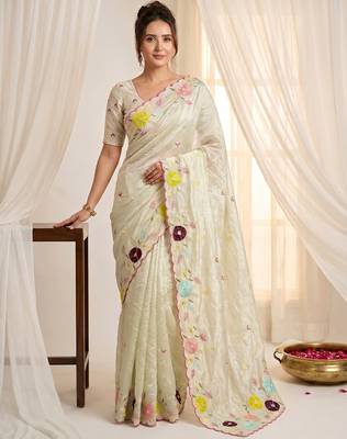 Women's pista green embroidery tissue designer saree with blouse 1