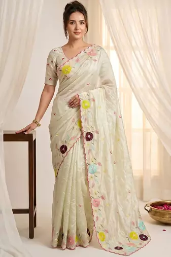 Women's pista green embroidery tissue designer saree with blouse