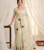 Women's pista green embroidery tissue designer saree with blouse