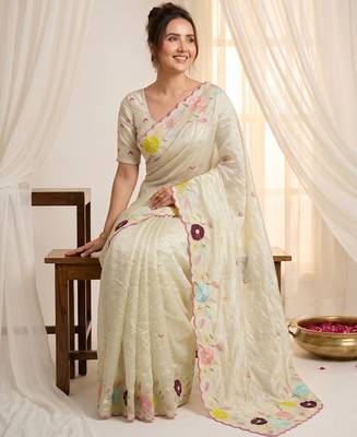 Women's pista green embroidery tissue designer saree with blouse 2