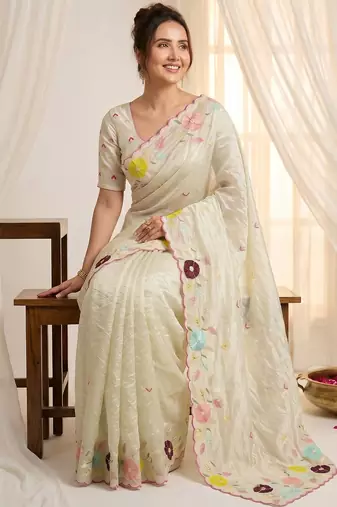 Women's pista green embroidery tissue designer saree with blouse