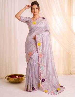 Women's lavender embroidery tissue designer saree with blouse 1